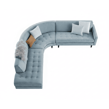 A contemporary L-shaped sectional sofa upholstered in light blue fabric, featuring a distinctive curved corner unit. The seat cushions and base of the backrest are adorned with button tufting. It includes integrated armrests at the ends and rests on dark, tapered legs. Several throw pillows in varying colors and textures are placed on the sofa. — 3D model (AI enhanced source)
