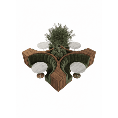 A modular booth seating arrangement designed for public spaces such as restaurants or lounges. It features a central planter with a tree, upholstered seating in a deep green velvet with channel tufting, and wooden exterior panels. Four round tables with marble-effect tops and decorative bases are integrated around the seating. — 3D model (AI enhanced source)