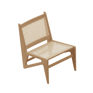 An armless lounge chair featuring a frame constructed from light-toned oak wood, with both the seat and backrest composed of woven natural cane. The chair has a low profile, a slightly reclined back, and gently splayed, tapered legs, exuding a minimalist and modern aesthetic. — 3D model (AI enhanced source)