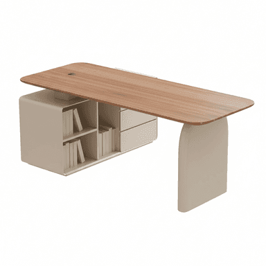A modern executive desk featuring a light wood or wood veneer tabletop with rounded corners, supported by an asymmetrical base. One side incorporates an integrated storage unit with open shelving and closed drawers in a matte beige finish, while the other side is supported by a single, curved panel leg in the same beige hue. — 3D model (AI enhanced source)