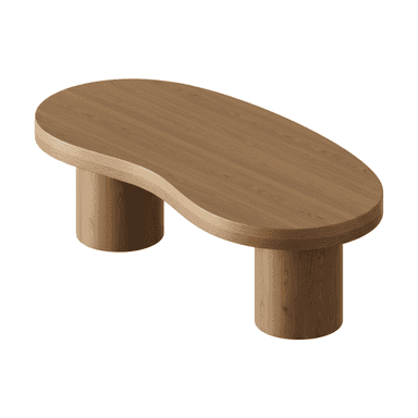 A modern organic-shaped coffee table constructed from medium-brown wood, featuring a distinctive kidney-bean shaped tabletop supported by two cylindrical pedestal bases. — 3D model (AI enhanced source)