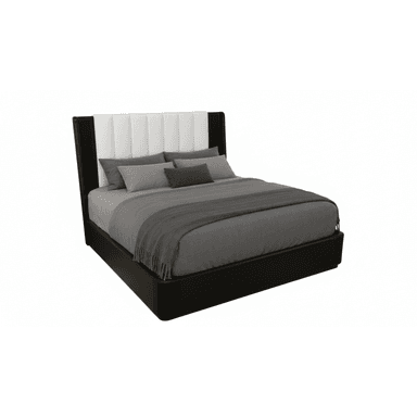 A modern platform bed featuring a tall, upholstered headboard with vertical channel tufting. The headboard is two-toned, with white upholstery for the tufting and dark, possibly wood or upholstered, side wings. The bed frame is a dark color, suggesting an upholstered platform base with a subtle ribbed texture. — 3D model (AI enhanced source)