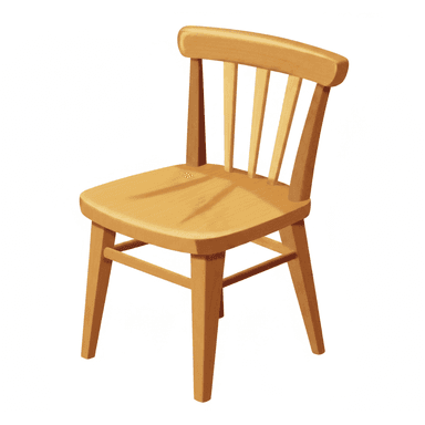 A light-colored wooden chair featuring a spindle back design and a contoured wooden seat, supported by four legs connected with stretchers for stability. — 3D model (AI enhanced source)