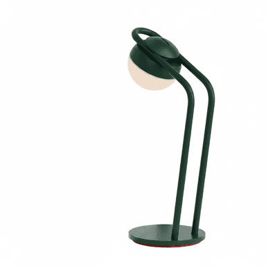 A contemporary table lamp featuring a dark green finish, a spherical light diffuser, and a minimalist design with a subtle red accent. — 3D model (AI enhanced source)