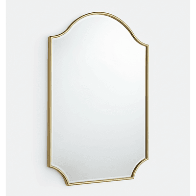 A rectangular wall mirror with an arched top and subtly scalloped lower corners, encased in a slim, polished gold metal frame. The mirror features a clear reflective surface and is designed for vertical wall mounting. Its elegant silhouette suggests a transitional or classic aesthetic. — 3D model (AI enhanced source)
