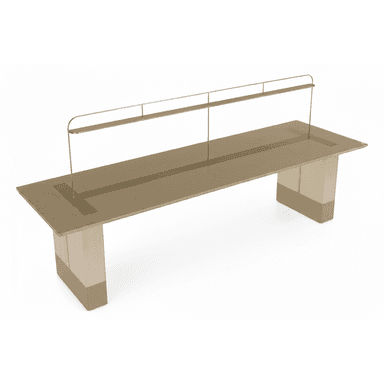A long, rectangular conference table featuring a minimalist design with thick, solid pedestal legs. The tabletop has a central channel, likely for power and data, and is topped with an integrated linear lighting fixture made of gold-finished metal. The table's primary color is a neutral beige or light taupe, complemented by gold metallic accents on the leg bases and the lighting structure. — 3D model (AI enhanced source)