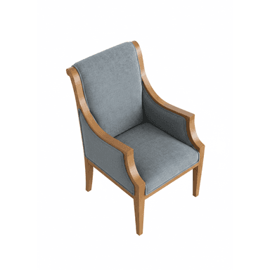 A transitional style armchair featuring a light-toned wooden frame with visible, curved armrests and a fully upholstered seat and back in a grey fabric. The chair has a relatively upright posture and four sturdy, slightly tapered wooden legs. — 3D model (AI enhanced source)