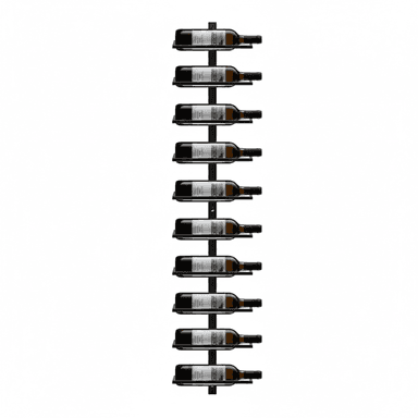 A minimalist wall-mounted wine rack, constructed from black metal, designed to store ten wine bottles horizontally in a vertical arrangement. — 3D model (AI enhanced source)
