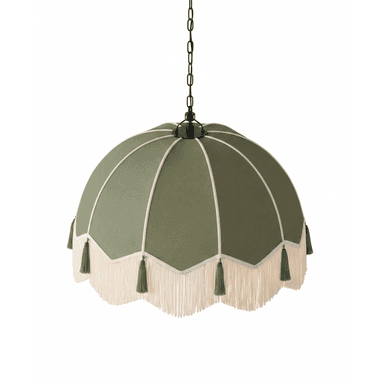 A dome-shaped pendant light fixture with a green fabric shade, featuring decorative fringe and tassels, suspended by a black chain. — 3D model (AI enhanced source)