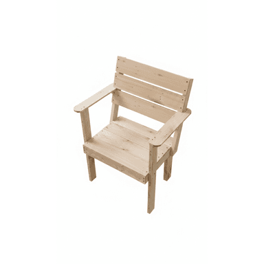 An unfinished slatted wooden armchair, constructed from light-colored timber boards. The design features a straight back, integrated armrests, and a flat seat, all composed of horizontal wooden slats. The visible fasteners suggest a simple, utilitarian construction. — 3D model (AI enhanced source)