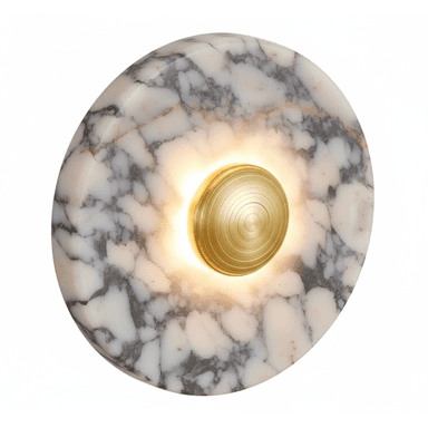 A circular wall sconce featuring a polished white and grey veined marble backplate with a central, circular brass element that emits light. The brass element has a subtle concentric ring pattern, acting as a diffuser. The light source creates a warm glow around the brass and against the marble surface. — 3D model (AI enhanced source)