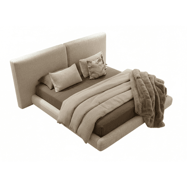 An upholstered platform bed featuring a clean, minimalist design with a distinctive two-panel headboard and an integrated fabric-wrapped frame. The bed is presented with neutral-toned bedding, including a brown fitted sheet, a light beige knit blanket, and a faux fur throw, complemented by various decorative pillows. — 3D model (AI enhanced source)