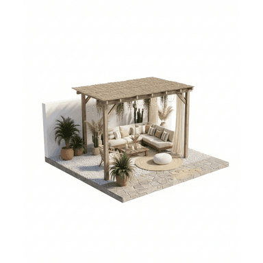An outdoor living area featuring a bohemian style sectional sofa set positioned under a rustic wooden pergola with a thatched roof. The area is decorated with various potted plants, a round natural fiber rug, a low wooden coffee table, and sheer curtains. — 3D model (AI enhanced source)