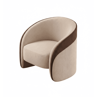 A contemporary barrel-shaped armchair featuring two-tone fabric upholstery with a light beige interior and a contrasting dark brown exterior. — 3D model (AI enhanced source)