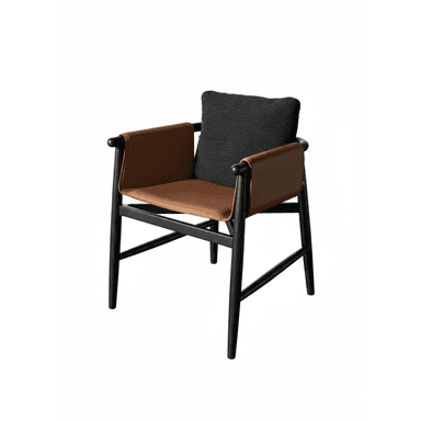 A contemporary armchair featuring a dark-stained solid wood frame, tan leather sling seat and armrests, and a dark gray fabric back cushion. The design is minimalist with clean lines and rounded details on the armrests. — 3D model (AI enhanced source)