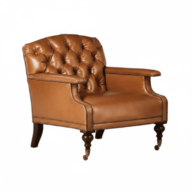 A traditional club armchair featuring deep button tufting on the backrest, upholstered in camel-colored leather. It has rolled arms adorned with antique brass nailhead trim along the edges. The chair stands on turned dark wood front legs equipped with brass casters and tapered dark wood back legs. — 3D model (AI enhanced source)