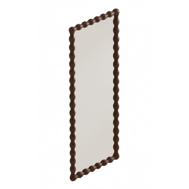 A decorative mirror with an irregularly shaped frame, featuring a repeating bobble or bead pattern along its edge. The frame is made of dark wood and has a somewhat organic, curved silhouette. The reflective surface is rectangular, with a slightly distorted perspective due to the angle of the object. — 3D model (AI enhanced source)