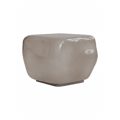 A modern sculptural side table featuring a rounded, cubic form and a glossy, smooth greige surface, resting on a subtle plinth base. — 3D model (AI enhanced source)