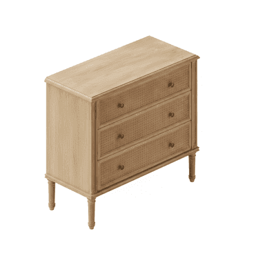 A light wood chest of drawers featuring three drawers with woven rattan fronts, supported by four elegantly fluted, turned legs. It has a classic rectangular silhouette with a slightly overhanging top and brass knob hardware. — 3D model (AI enhanced source)