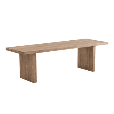 A long, rectangular dining table with a solid wood top and two sturdy, block-style legs. The design is minimalist and modern, emphasizing the natural grain and texture of the wood. — 3D model (AI enhanced source)