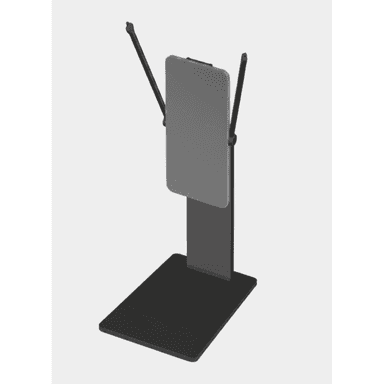 A minimalist stand featuring a rectangular base, a central vertical support, and an angled flat panel. Two flexible, slender arms extend from the top of the panel, designed to hold items in place. The entire structure is rendered in dark gray and black tones, indicating a modern and functional design. — 3D model (AI enhanced source)