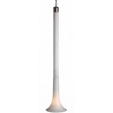A modern pendant light featuring a long, vertical cylindrical body crafted from frosted white glass or acrylic. The bottom portion of the light transitions into a gently flared, bell-shaped shade, designed to diffuse light softly downwards. The top of the fixture is capped with a metallic component, from which a chain suspension extends, indicating it is designed to hang from a ceiling. — 3D model (AI enhanced source)