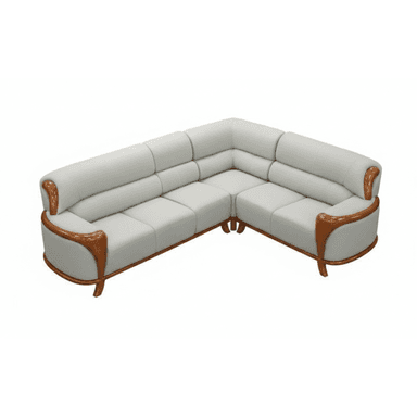 An L-shaped sectional sofa upholstered in light grey material, possibly leather, featuring prominent curved wooden armrests and a matching wooden base trim. The backrests exhibit a horizontal channel tufting pattern. The sofa is composed of multiple modules forming an angled seating arrangement. — 3D model (AI enhanced source)