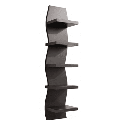 A tall, dark-finished wall shelf featuring a distinctive wavy back panel and five rectangular shelves, designed for modern interiors. — 3D model (AI enhanced source)