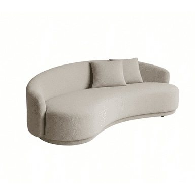 A modern, light beige boucle sofa featuring a distinctive curved or serpentine silhouette, with a continuous low-profile backrest that seamlessly integrates into arms. It has a plush, textured appearance and rests on a subtly recessed base, accompanied by two matching throw pillows. — 3D model (AI enhanced source)