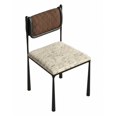A modern side chair with a metal frame, upholstered seat, and upholstered backrest. The frame is black and features tapered legs. The seat is upholstered in a light-colored fabric with a black patterned print. The backrest is upholstered in a textured brown fabric and is integrated into the frame. — 3D model (AI enhanced source)
