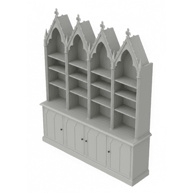 A tall, multi-sectioned bookcase hutch featuring a distinct Gothic Revival architectural style. The upper section consists of four open shelving bays, each topped with a prominent pointed arch and detailed tracery, culminating in decorative finials. The lower section provides enclosed storage with four paneled cabinet doors, each equipped with a small, dark spherical pull. The entire unit is rendered in a uniform light gray finish, suggesting painted wood or a similar material. The hutch sits on a base with a simple plinth. — 3D model (AI enhanced source)