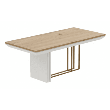A modern rectangular dining table featuring a light wood-finished tabletop, appearing to be extendable, supported by a distinctive mixed-material base. One side of the base consists of a solid white panel leg, while the other features an open, geometric frame crafted from gold-finished metal. — 3D model (AI enhanced source)