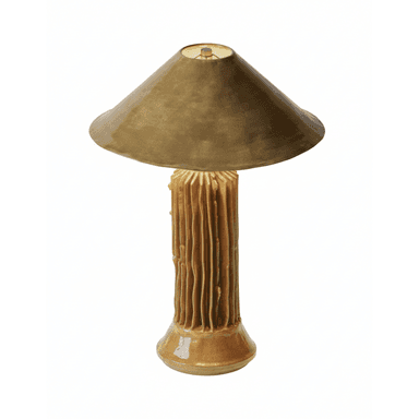A distinctive table lamp featuring an organically textured ceramic base with vertical ridges and a wide, conical shade, presented in warm bronze tones. — 3D model (AI enhanced source)
