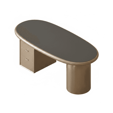 An elegant, modern executive desk featuring a distinct oval-shaped dark grey top contrasting with a champagne-gold finished body. The desk is supported by a solid cylindrical pedestal base on one side and an integrated three-drawer cabinet on the other, both matching the champagne-gold finish. The edges of the tabletop are smoothly rounded, complementing the overall contemporary design. — 3D model (AI enhanced source)
