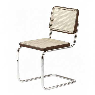 A modernist cantilever chair featuring a polished tubular chrome frame and a seat and backrest made from dark-stained wood frames with woven cane inserts. The chair exhibits a sleek, minimalist aesthetic with its characteristic bent metal frame that forms both the base and supports for the seat and back. — 3D model (AI enhanced source)