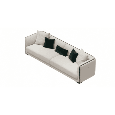 A long, contemporary sofa featuring a distinctive sloping backrest upholstered in a light, textured cream fabric. The edges of the sofa, including the unique angled back, are accentuated with dark brown piping. It includes several throw pillows, some matching the main upholstery and others in a contrasting dark green velvet. The sofa rests on a recessed plinth base with a dark wood finish. — 3D model (AI enhanced source)