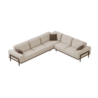 A modern, L-shaped sectional sofa with a light beige textured fabric upholstery. It features clean lines, plush seat and back cushions, and a low profile. The sofa is accented with dark wooden armrests and legs that extend slightly beyond the main body, creating a minimalist aesthetic. Two dark brown accent pillows are placed on the sofa. — 3D model (AI enhanced source)
