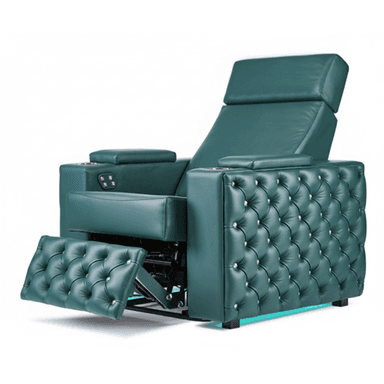 An emerald green power recliner upholstered in faux leather, featuring deep diamond tufting with crystal-like buttons on its side panels and extendable footrest. It includes integrated cup holders in the armrests and under-chair blue LED lighting, indicating a contemporary luxury design with advanced functionality. The headrest is adjustable, and the chair is shown in a partially reclined position. — 3D model (AI enhanced source)