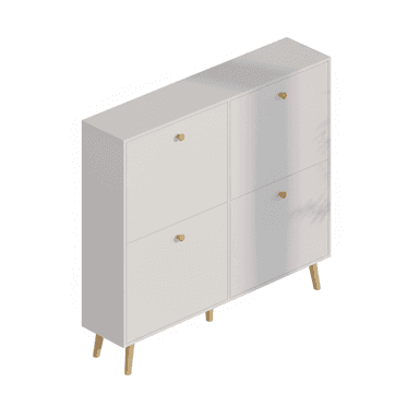 A compact, modern white shoe cabinet featuring four tilt-out compartments, each accented with a small brass-toned knob, supported by splayed natural wood legs. — 3D model (AI enhanced source)