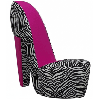 A novelty accent chair designed in the shape of a high-heeled shoe, upholstered in a striking black and white zebra print and vibrant fuchsia pink fabric. — 3D model (AI enhanced source)