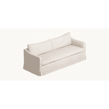 A contemporary two-seater sofa with a full slipcover in a light, neutral fabric, featuring a single bench seat cushion and two loose back cushions. — 3D model (AI enhanced source)