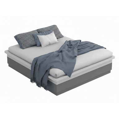 A modern, low-profile platform bed featuring a simple, box-like base in a dark grey finish. A light grey upholstered mattress sits directly on the platform, suggesting integrated support. The bed is dressed with various pillows, including two large ones with a black and white gingham pattern, two solid light blue pillows, and one solid white pillow. A draped blue throw blanket with fringed ends adds a touch of color to the foot of the bed. — 3D model (AI enhanced source)