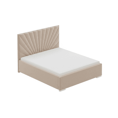 A modern upholstered bed frame with a rectangular base and a headboard featuring a fan-like pleated design. The bed is shown with a white mattress. The frame is low-profile, resting on four short, white, block-style legs. The upholstery appears to be a soft fabric. — 3D model (AI enhanced source)