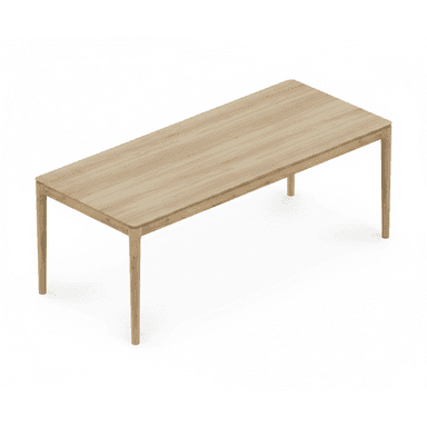 A modern rectangular dining table crafted from light-colored oak wood, featuring a clean tabletop with subtly rounded corners and four slender, straight legs, presented against a white background. — 3D model (AI enhanced source)