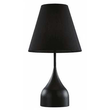 A modern, monochromatic black table lamp featuring a conical fabric shade and a sleek, tapered metal base. The design is minimalist and contemporary. — 3D model (AI enhanced source)