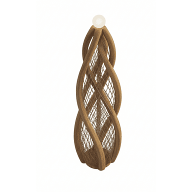 A tall, sculptural floor lamp featuring a twisted, open-cage wooden frame in a light natural finish. An internal mesh structure is visible within the wooden curves, and a spherical frosted glass or acrylic diffuser is positioned at the top, emitting a soft, ambient light. The lamp has an organic, contemporary design. — 3D model (AI enhanced source)