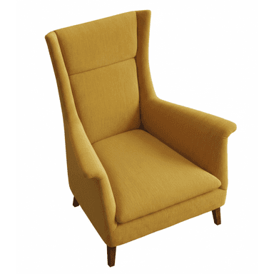 A high-backed armchair upholstered in a textured golden-yellow fabric. The armchair features a wingback design with a tall, continuous backrest and integrated armrests. It is supported by four tapered wooden legs. The seat cushion is separate from the main upholstery. — 3D model (AI enhanced source)