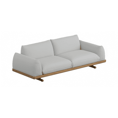 A two-seater sofa with a light grey upholstered body and a low-profile wooden base. The sofa features rounded armrests that extend slightly outwards and a minimalist design. The base is constructed from light-colored wood, possibly teak or oak, with subtle, angular legs. — 3D model (AI enhanced source)