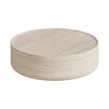 A round, low-profile coffee table constructed entirely from light-colored travertine, featuring a solid cylindrical base and a flat top surface with a subtle raised edge or lip. The natural banding of the stone is visible across the entire piece, giving it an earthy and minimalist aesthetic. — 3D model (AI enhanced source)