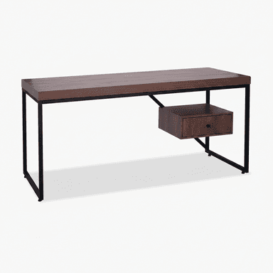 A rectangular desk featuring a brown wood-look top supported by a minimalist black metal frame, with a single matching drawer suspended beneath the tabletop. — 3D model (AI enhanced source)